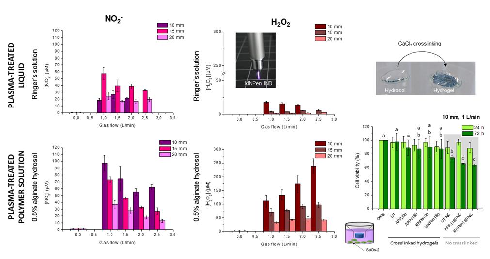 Production of reactive species in alginate hydrogels for cold atmospheric plasma-based therapies