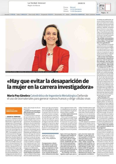 Hay que evitar la desaparición de la mujer en la carrera investigadora. La verdad de Murcia. Prof. Maria Pau Ginebra